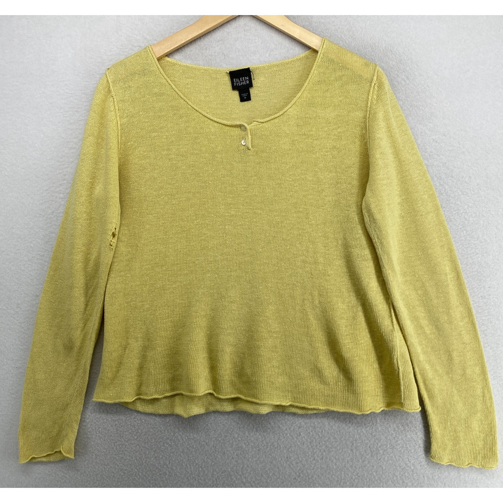 EILEEN FISHER Sweater M Linen Henley Boxy Top Rolled Hem Long Sleeve Yellow